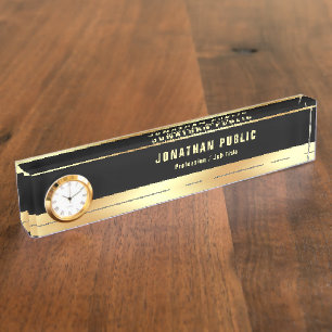 Elegant Black And Gold Modern Template With Clock Nameplate