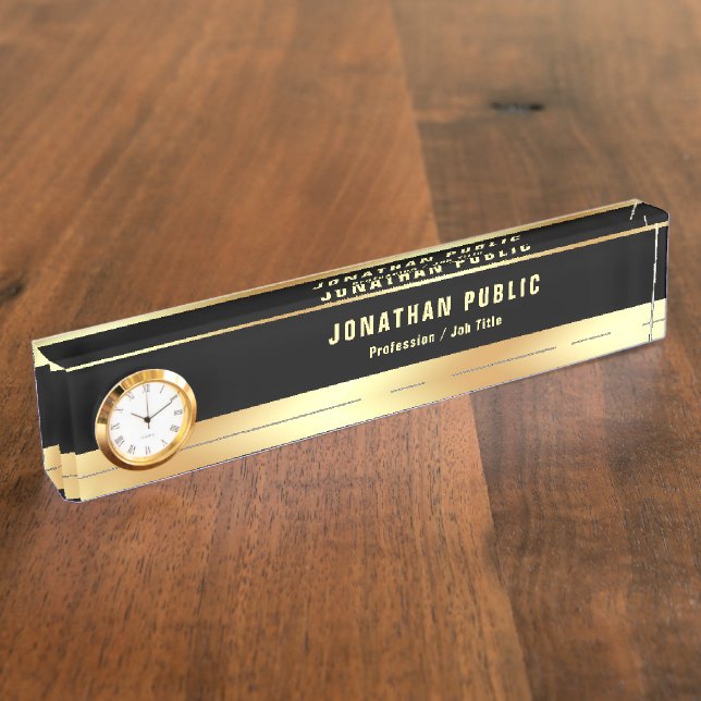 Elegant Black And Gold Modern Template With Clock Nameplate (Side)