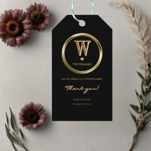Elegant Black and Gold Monogram Family Baby Shower Gift Tags