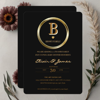 Elegant Black and Gold Monogram Family Baby Shower Invitation