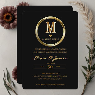 Elegant Black and Gold Monogram Family Baby Shower Invitation