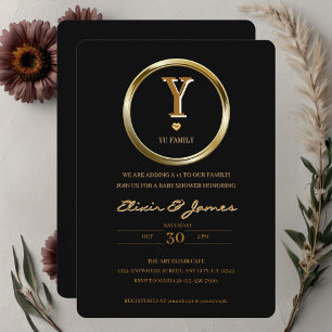 Elegant Black and Gold Monogram Family Baby Shower Invitation