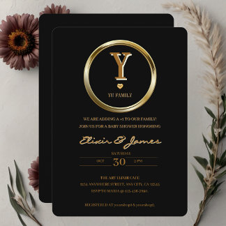 Elegant Black and Gold Monogram Family Baby Shower Invitation