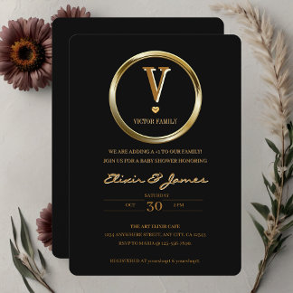 Elegant Black and Gold Monogram Family Baby Shower Invitation