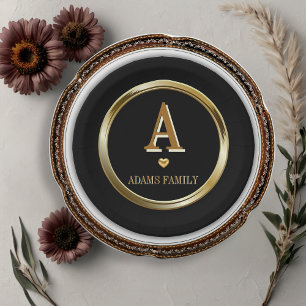 Elegant Black and Gold Monogram Family Baby Shower Paper Plate