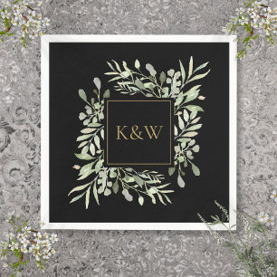 Elegant Black And Gold Monogram Greenery Napkin