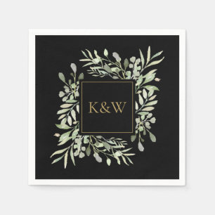 Elegant Black And Gold Monogram Greenery Napkin
