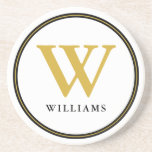 Elegant Black And Gold Monogram Initial Name Coaster<br><div class="desc">Personalised Monogrammed coaster in classic black and gold. Customise with your monogram initial letter and family name.</div>