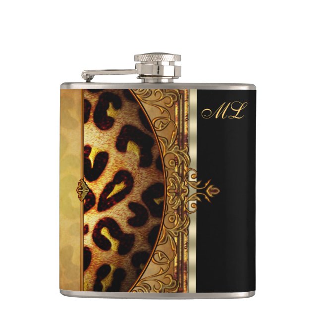 Elegant Black and Gold Monogram Leopard Hip Flask (Front)