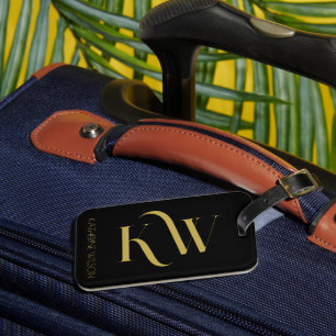 Elegant Black and Gold Monogram Luggage Tag