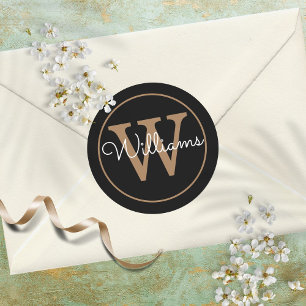Elegant Black and Gold Monogram Name Classic Round Sticker