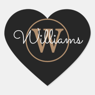 Elegant Black and Gold Monogram Name Heart Sticker