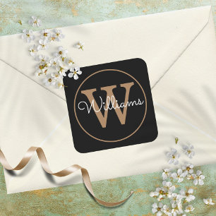 Elegant Black and Gold Monogram Name Square Sticker