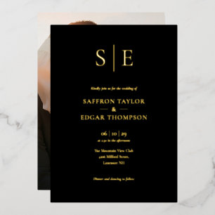 Elegant Black And Gold Monogram Photo Wedding