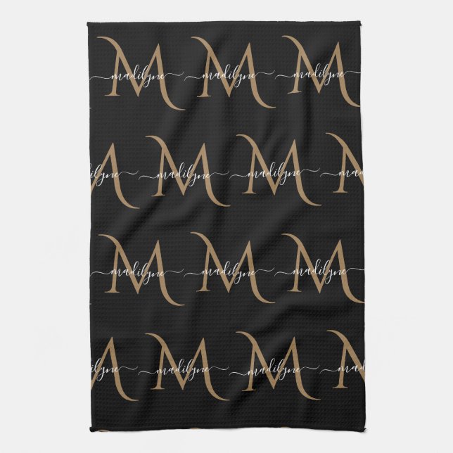 Elegant Black and Gold Monogram Script Name  Tea Towel (Vertical)