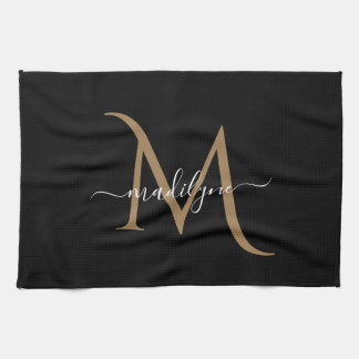 Elegant Black and Gold Monogram Script Name    Tea Towel
