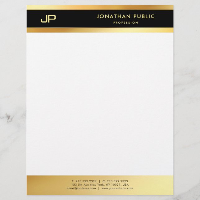Elegant Black And Gold Monogram Simple Template Custom Letterhead (Front)