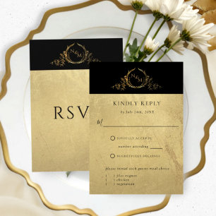 Elegant Black and Gold Monogram w/without meals RSVP Card