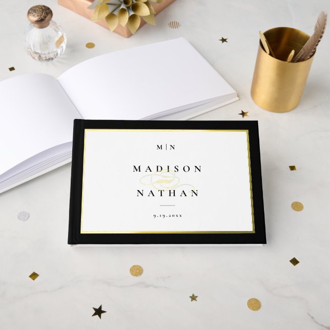 Elegant Black and Gold Monogram Wedding Guest Book (Front Open)