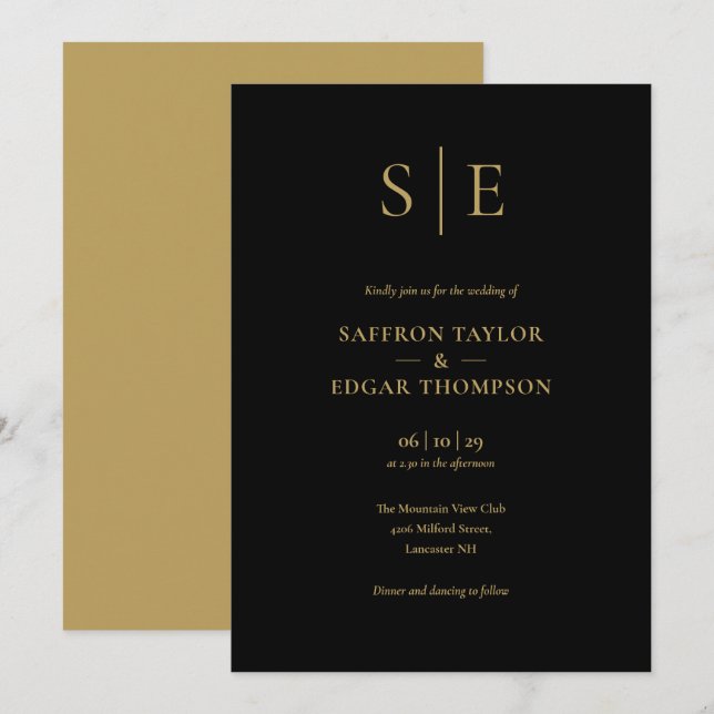 Elegant Black And Gold Monogram Wedding Invitation (Front/Back)