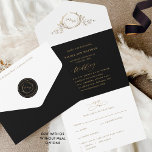 Elegant Black and Gold Monogram Wedding with RSVP  All In One Invitation<br><div class="desc">Elegant All- in- One tri- fold monogram wedding invitation with perforated RSVP postcard. Stylish black and gold design with delicate hand drawn botanical monogram with couples initials in faux gold foil. Environmentally friendly, as there is no need for extra insert cards, RSVP cards or even envelopes, this invitation has it...</div>