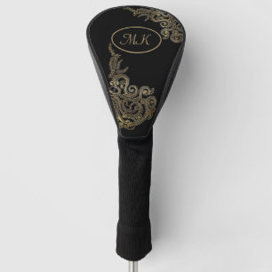 Elegant Black and Gold Monogrammed Golf Head Cover