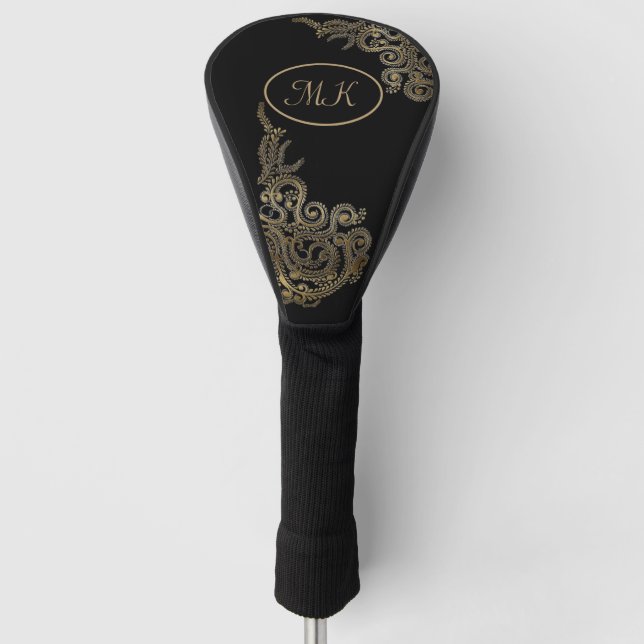 Elegant Black and Gold Monogrammed Golf Head Cover (Front)