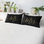 Elegant Black and Gold Mr. Mrs. Script Newlywed Pillowcase<br><div class="desc">Celebrate your love in luxurious style with these elegant black and gold Mr. and Mrs. script pillowcases. Featuring modern calligraphy in a shimmering gold-look design on classic black, this romantic set makes the perfect gift for newlyweds, anniversaries, engagements, or Valentine's Day. Stylish and cosy, these personalised couple pillow covers add...</div>