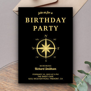 Elegant Black and Gold Nautical Compass Birthday Invitation
