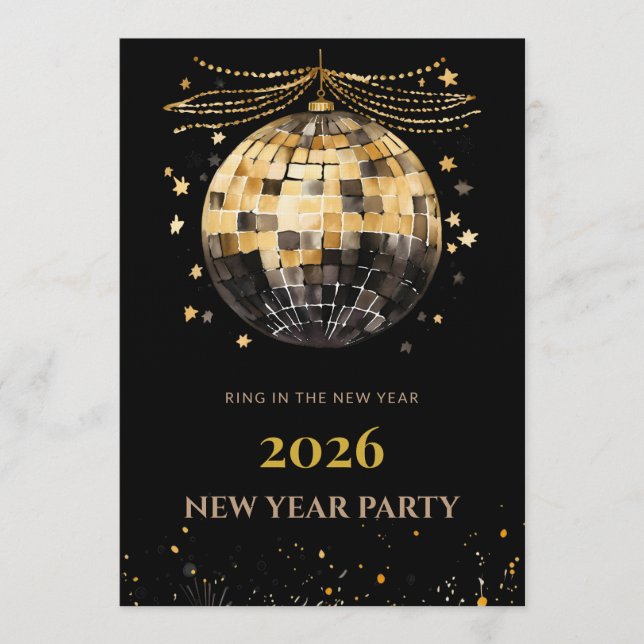 Elegant Black and Gold New Year Invitation Card (Front)