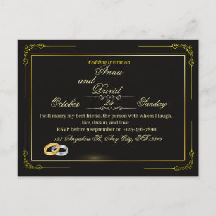 Elegant Black and Gold Ornate Luxury Wedding Invitation Postcard