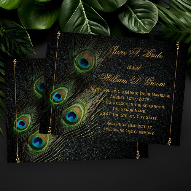 Elegant Black and Gold Peacock Wedding Invitation (Elegant peacock feather wedding invitation with beautiful peacock feathers on a dark background.)