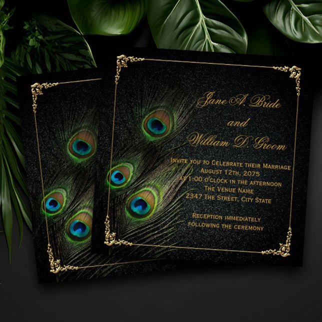 Elegant Black and Gold Peacock Wedding Invitation (Elegant peacock feather wedding invitation with vibrant colors on a black and gold background.)