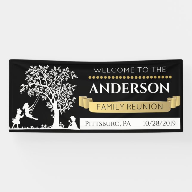 Elegant Black and Gold Personalised Family Reunion Banner (Horizontal)
