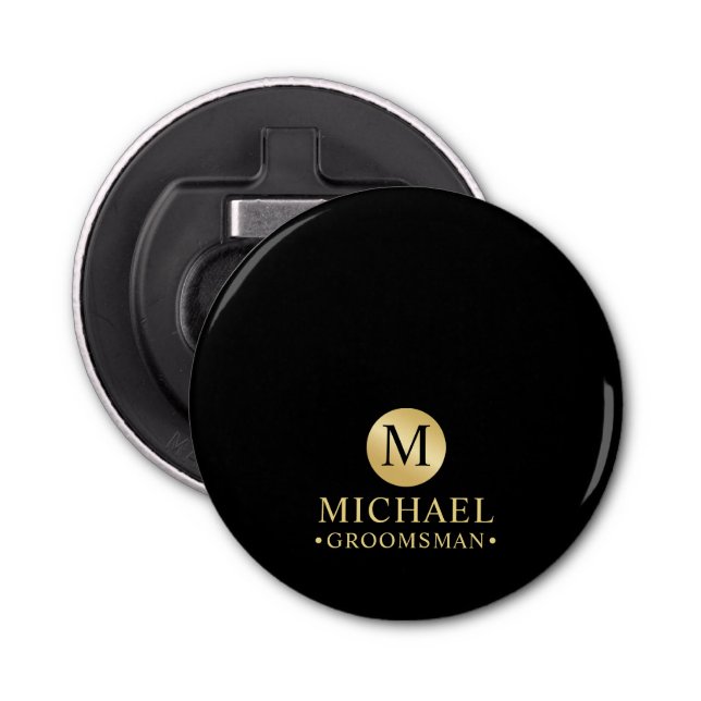 Elegant Black and Gold Personalised Groomsmen Bottle Opener (Front)