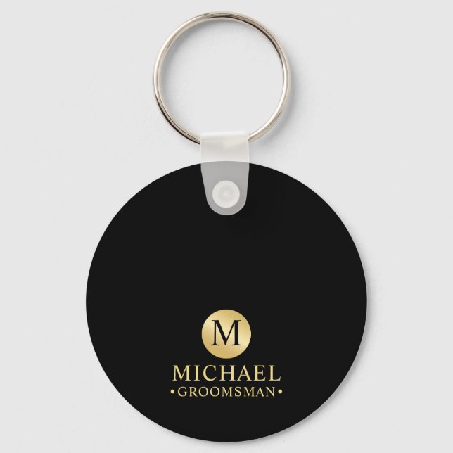 Elegant Black and Gold Personalised Groomsmen Key Ring (Front)