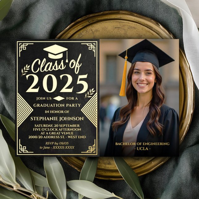 Elegant Black and Gold Photo Graduation Party  (Celebrate your graduate in style with this sophisticated black and gold invitation. )