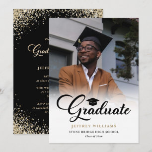 Elegant Black and Gold Photo Graduation Party Invitation