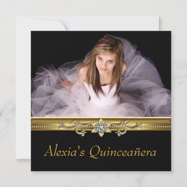 Elegant Black and Gold Photo Quinceanera Invitation (Front)