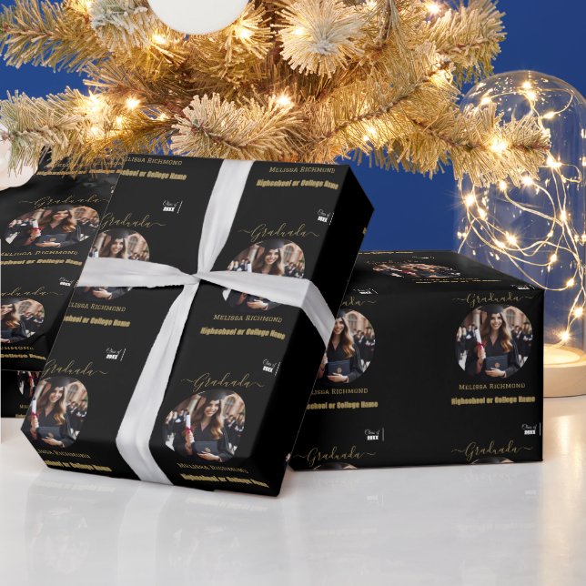 Elegant Black and gold Photo Spanish Graduated  Wrapping Paper (Holidays)