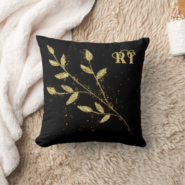 Elegant black and gold Plant monogram  Cushion (Blanket)