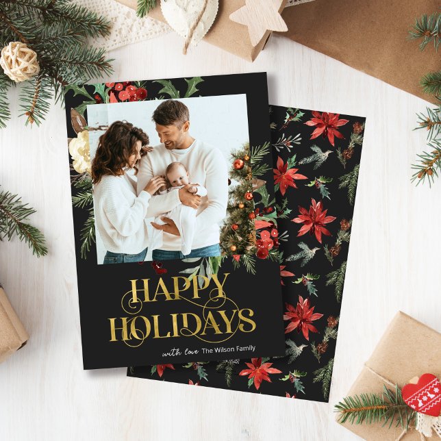 Elegant Black and Gold Poinsettia Photo Christmas Holiday Card (Creator Uploaded)