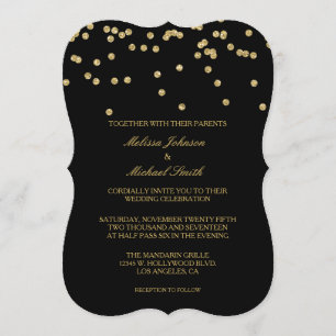 Elegant Black and Gold Polka-dots Confetti Wedding Invitation