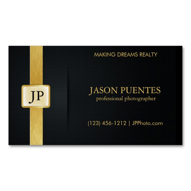 Elegant Black and Gold Professional Photographer Magnetic Business Card (Front)