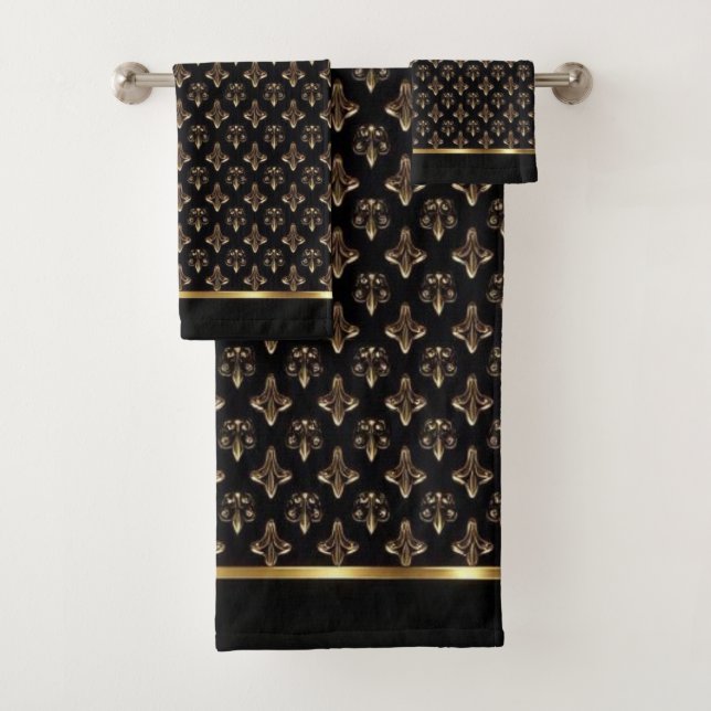  Elegant Black and Gold Quatrefoil Patterns Bath Towel Set (Insitu)