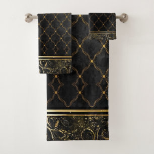 Elegant Black and Gold Quatrefoil Patterns Bath Towel Set