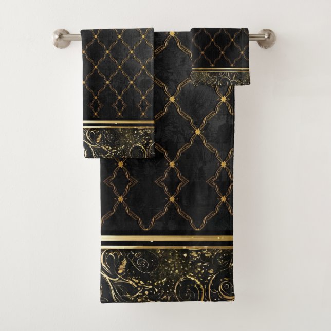  Elegant Black and Gold Quatrefoil Patterns Bath Towel Set (Insitu)