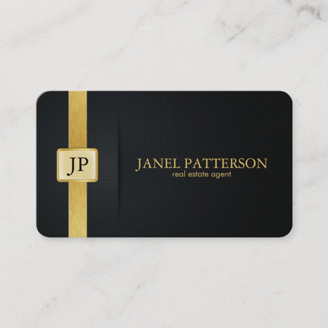 Elegant Black and Gold Real Estate Agent Business Card (Front)