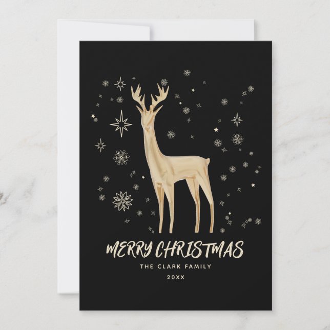 Elegant Black and Gold Reindeer Merry Christmas Holiday Card (Front)