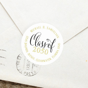 Elegant Black and Gold Return Address Graduation Classic Round Sticker